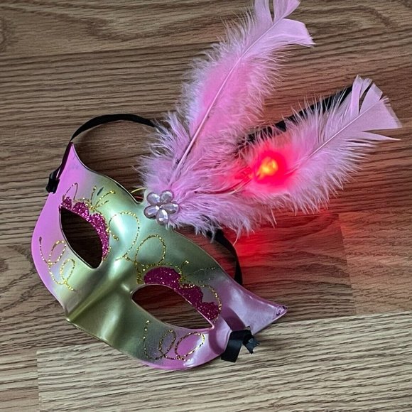 Light Up Mask Pink Faux Feather Party Mask Women Masquerade Eye Mask - Picture 10 of 11